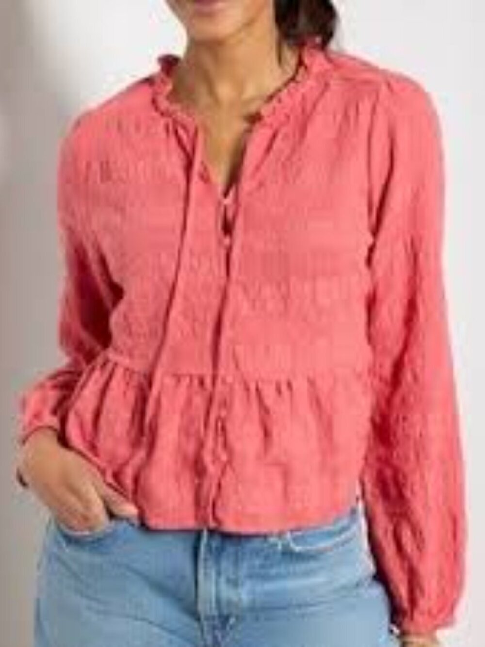 Evereve Peplum Crinkle Textured Cotton Blend Windowpane Blouse in Coral XL